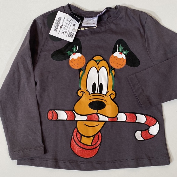 ZARA Disney Pluto Holiday Long Sleeve Gray Tee - Size 18-24 Months NWT - Picture 4 of 4